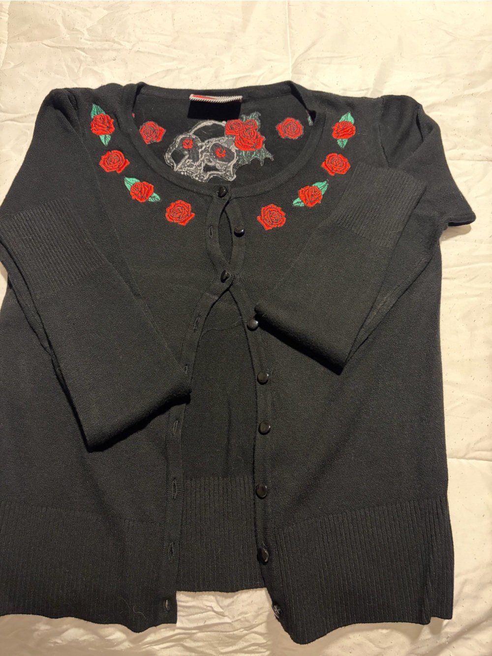 Black Cardigan Sweater with Skull and Red Rose Embroidery Size Small.